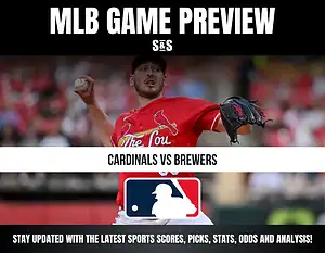 MLB Game Preview featuring Cardinals vs Brewers with a player throwing a baseball in the foreground.