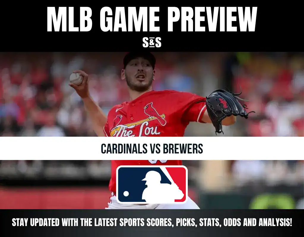 MLB Game Preview featuring Cardinals vs Brewers with a player throwing a baseball in the foreground.