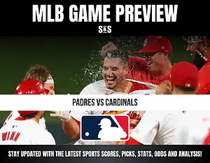 MLB game preview featuring Padres vs Cardinals, with players celebrating in the background.