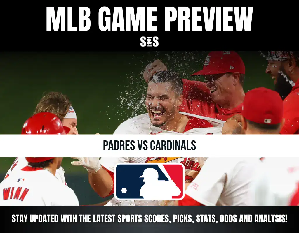 MLB game preview featuring Padres vs Cardinals, with players celebrating in the background.