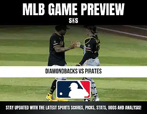MLB Game Preview featuring a matchup between the Diamondbacks and Pirates, with an MLB logo and a note to stay updated on sports scores, picks, stats, odds, and analysis.