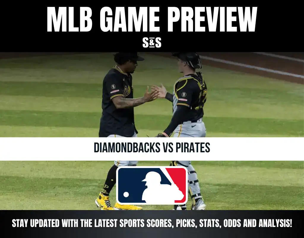 MLB Game Preview featuring a matchup between the Diamondbacks and Pirates, with an MLB logo and a note to stay updated on sports scores, picks, stats, odds, and analysis.