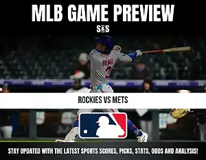 MLB game preview for Rockies vs Mets with a player swinging a bat.