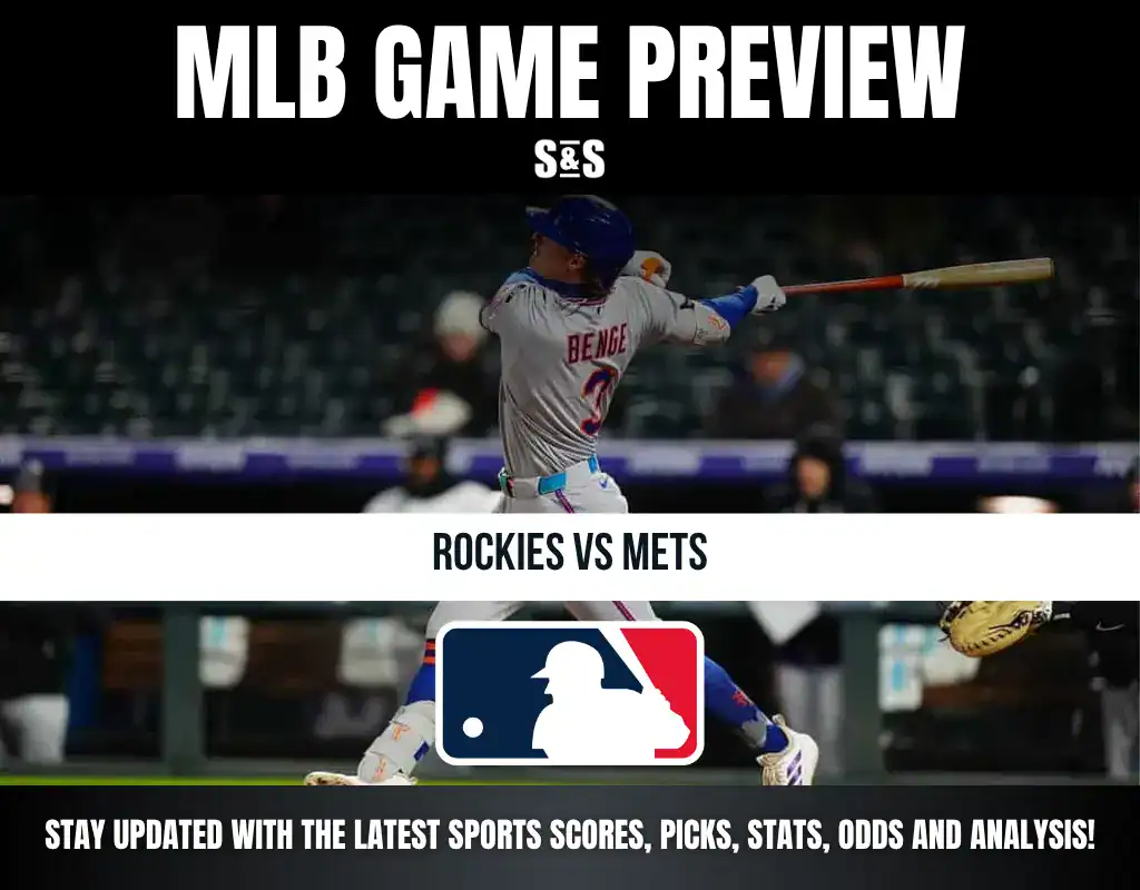 MLB game preview for Rockies vs Mets with a player swinging a bat.