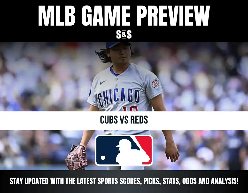 MLB game preview featuring Cubs vs Reds, with a player from the Chicago Cubs in action.