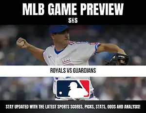 MLB game preview featuring a player from the Royals against the Guardians, with text for updates on sports scores and analysis.