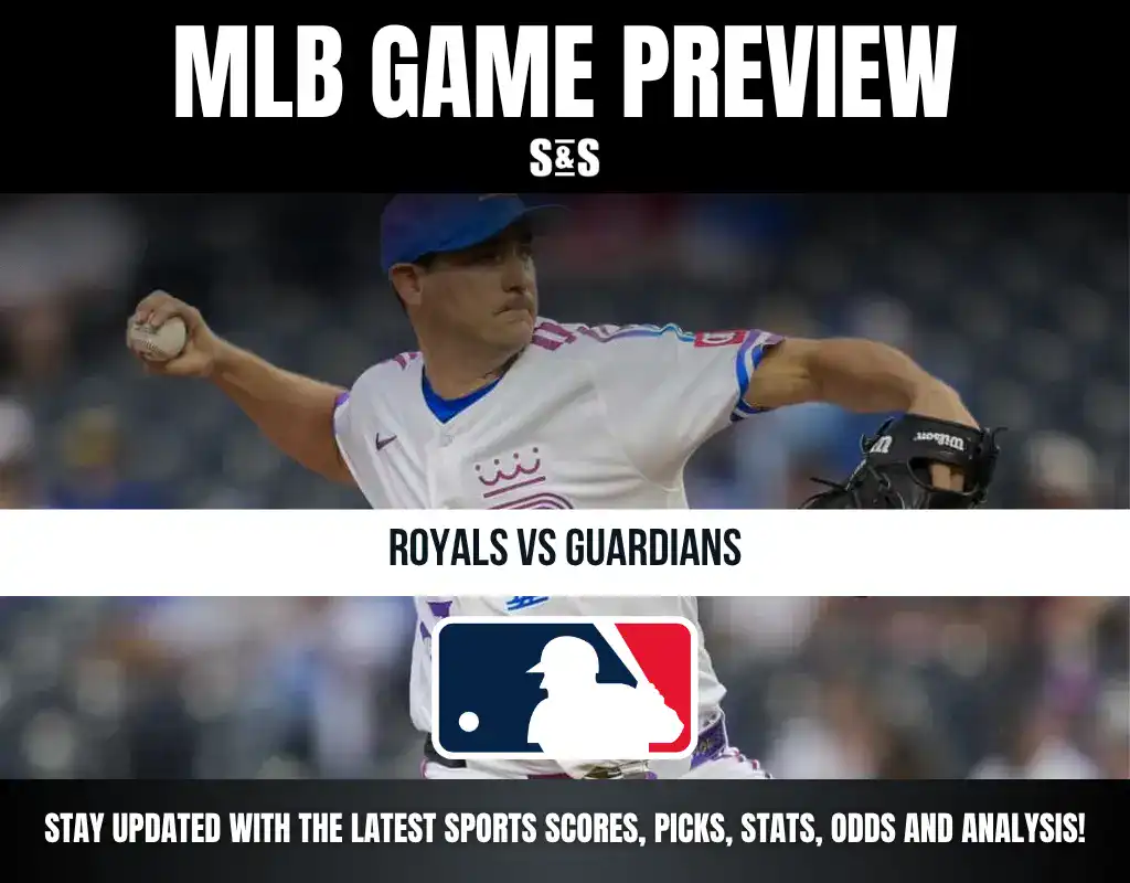 MLB game preview featuring a player from the Royals against the Guardians, with text for updates on sports scores and analysis.