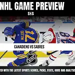NHL Game Preview featuring a matchup between the Canadiens and Sabres, with text for updates on sports scores, picks, stats, odds, and analysis.