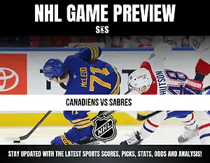 NHL Game Preview featuring a matchup between the Canadiens and Sabres, with text for updates on sports scores, picks, stats, odds, and analysis.