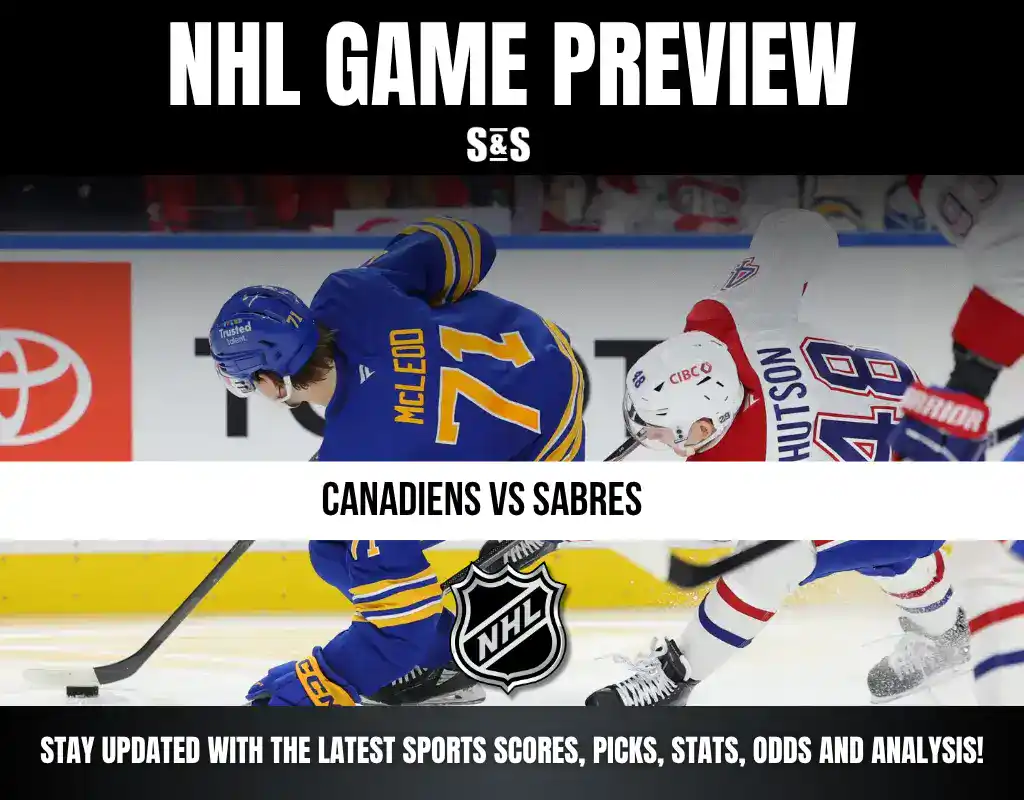 NHL Game Preview featuring a matchup between the Canadiens and Sabres, with text for updates on sports scores, picks, stats, odds, and analysis.