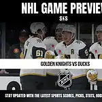 NHL game preview graphic featuring Golden Knights players, highlighting the matchup against the Ducks with score and stats updates.