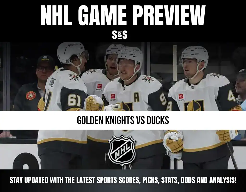 NHL game preview graphic featuring Golden Knights players, highlighting the matchup against the Ducks with score and stats updates.