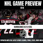 NHL game preview banner showing Hurricanes players celebrating and text “Hurricanes vs Flyers” with NHL logo in the center.
