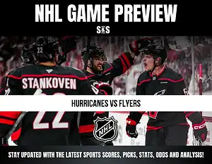 NHL game preview banner showing Hurricanes players celebrating and text “Hurricanes vs Flyers” with NHL logo in the center.