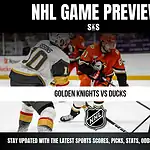 NHL game preview graphic featuring a matchup between the Golden Knights and Ducks. Players in action with team jerseys visible. Logo of the NHL included at the bottom.