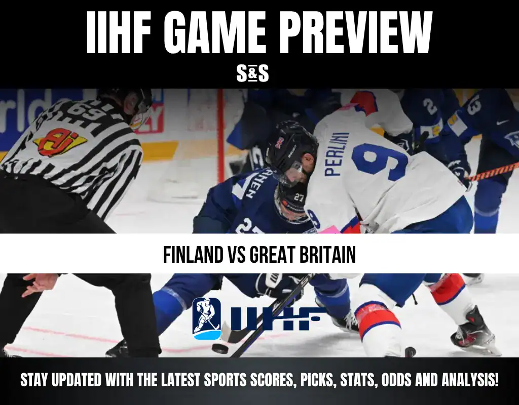 IIHF Game Preview poster featuring a hockey match between Finland and Great Britain. Players are in action on the ice, with Finland in blue and Great Britain in white jerseys. The poster includes text updates on sports scores, picks, stats, odds, and analysis.