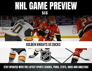 NHL game preview graphic featuring a matchup between the Golden Knights and Ducks. Players in action with team jerseys visible. Logo of the NHL included at the bottom.