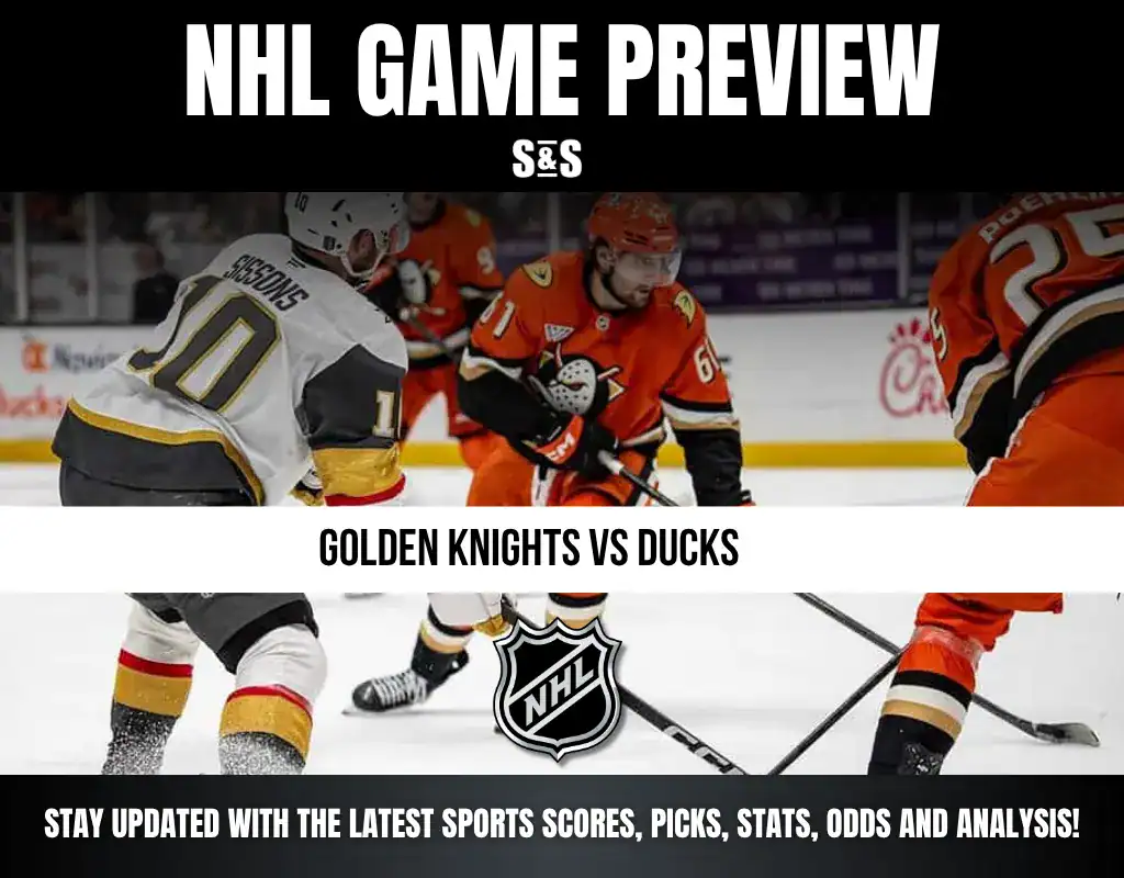 NHL game preview graphic featuring a matchup between the Golden Knights and Ducks. Players in action with team jerseys visible. Logo of the NHL included at the bottom.