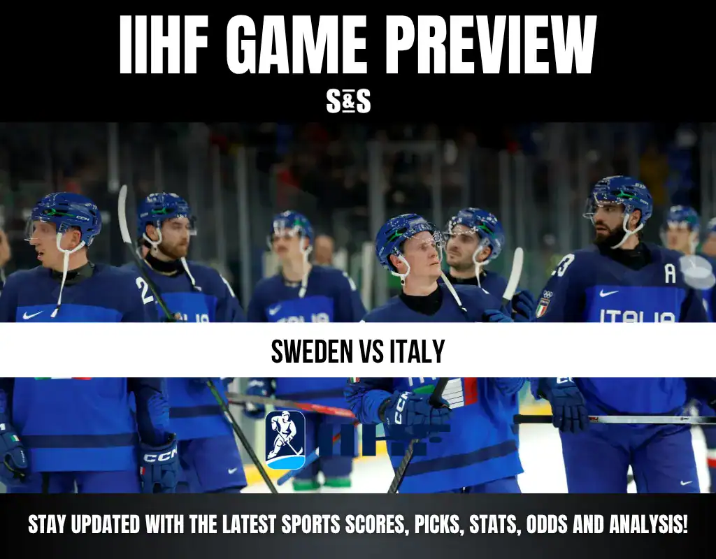 IIHF Game Preview showing players from the Sweden and Italy hockey teams.
