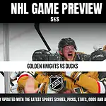 NHL Game Preview featuring Golden Knights vs Ducks with an image of players celebrating and the NHL logo.