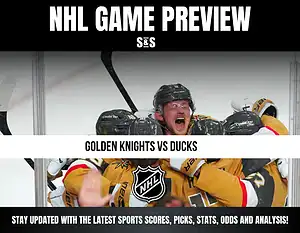 NHL Game Preview featuring Golden Knights vs Ducks with an image of players celebrating and the NHL logo.