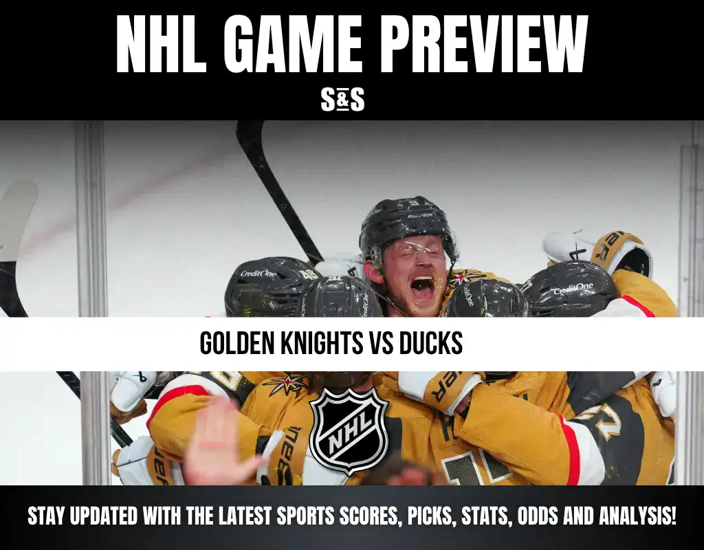 NHL Game Preview featuring Golden Knights vs Ducks with an image of players celebrating and the NHL logo.