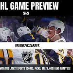 NHL game preview with a focus on a matchup between the Bruins and Sabres, featuring players celebrating.
