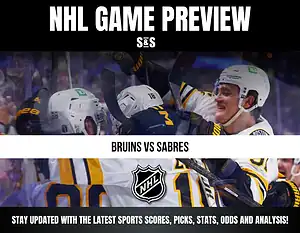 NHL game preview with a focus on a matchup between the Bruins and Sabres, featuring players celebrating.