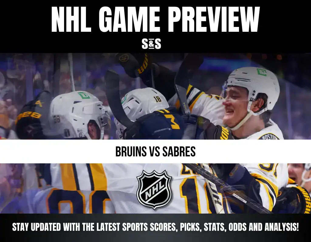 NHL game preview with a focus on a matchup between the Bruins and Sabres, featuring players celebrating.