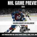 NHL game preview graphic featuring a matchup between the Golden Knights and Avalanche, with images of players on the ice and the NHL logo.