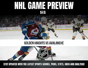 NHL game preview graphic featuring a matchup between the Golden Knights and Avalanche, with images of players on the ice and the NHL logo.