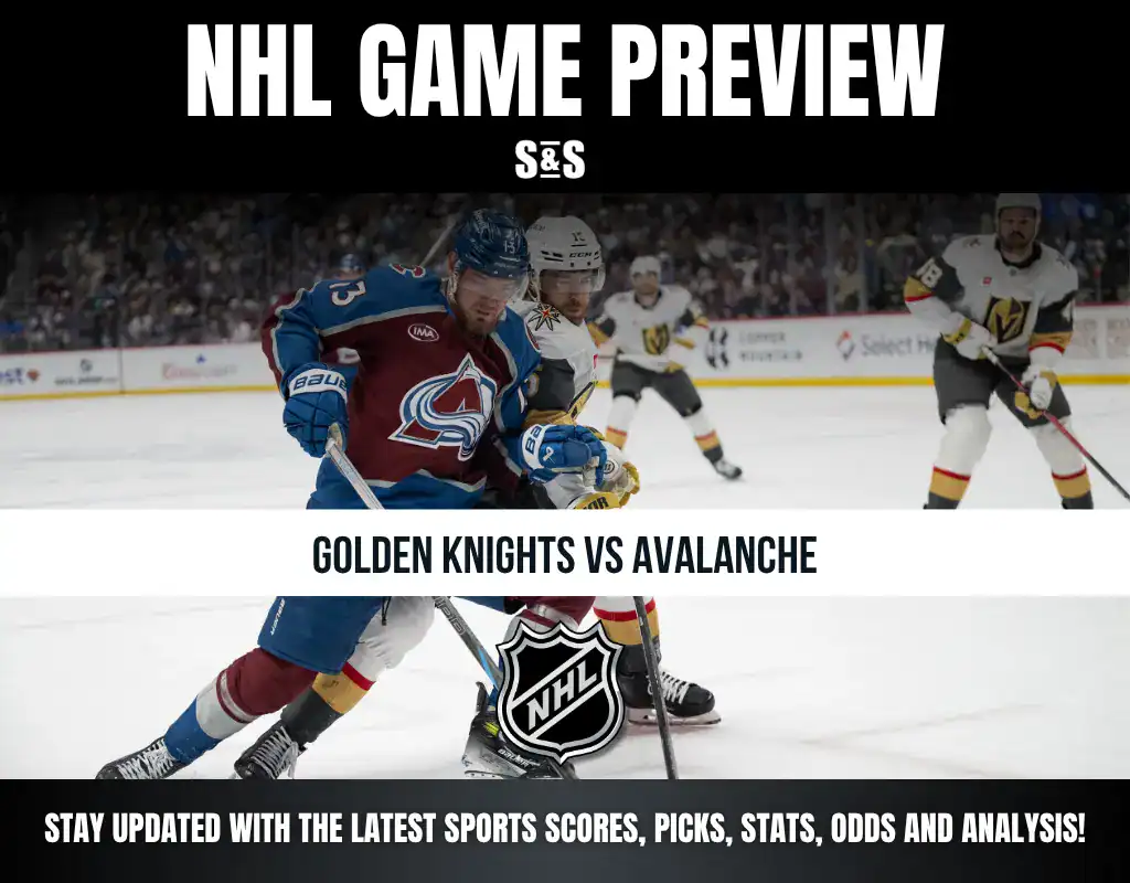 NHL game preview graphic featuring a matchup between the Golden Knights and Avalanche, with images of players on the ice and the NHL logo.