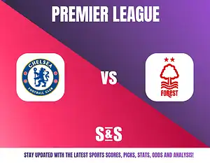 Premier League match announcement featuring Chelsea FC vs Nottingham Forest with logos on a purple and red gradient background.