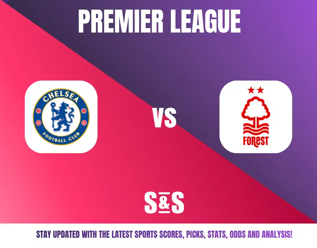 Premier League match announcement featuring Chelsea FC vs Nottingham Forest with logos on a purple and red gradient background.