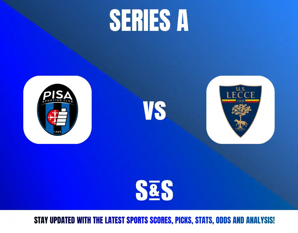 Series A logo featuring team logos for Pisa and Lecce, with text encouraging updates on sports scores, picks, stats, odds, and analysis.
