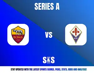 Series A logo with AC Roma and Fiorentina logos, promoting sports scores, picks, stats, odds, and analysis.