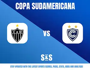 Copa Sudamericana logo featuring two team logos, one on the left with a black shield and white stripes, and another on the right featuring a blue shield with stars. Text below reads "Stay updated with the latest sports scores, picks, stats, odds and analysis!"