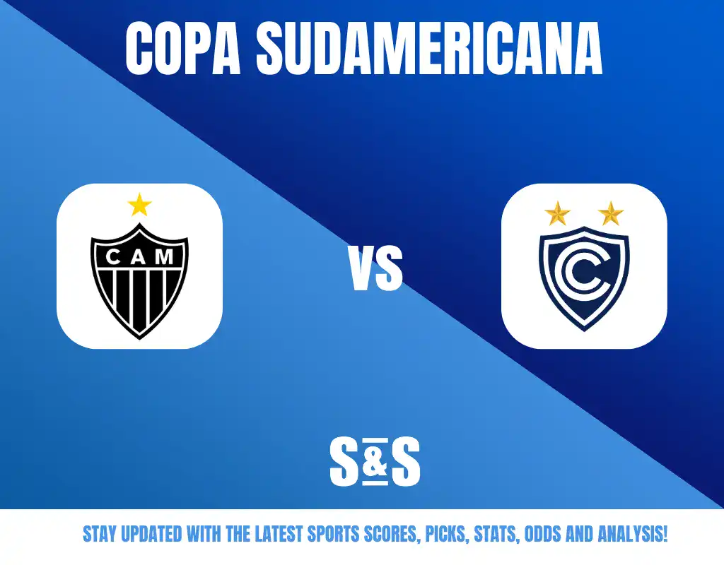 Copa Sudamericana logo featuring two team logos, one on the left with a black shield and white stripes, and another on the right featuring a blue shield with stars. Text below reads "Stay updated with the latest sports scores, picks, stats, odds and analysis!"