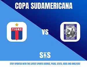 Copa Sudamericana graphic featuring Tigre vs Club Alianza Atlético Sullana, with a blue background and a logo for updates on sports scores, picks, stats, odds, and analysis.