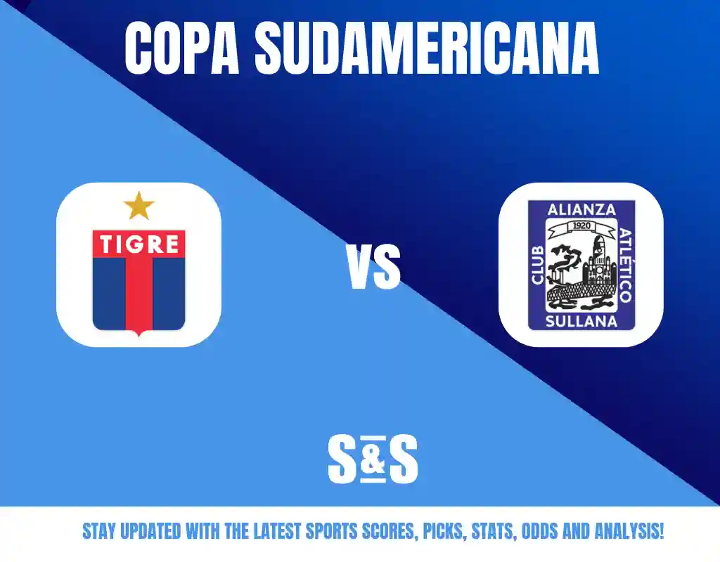Copa Sudamericana graphic featuring Tigre vs Club Alianza Atlético Sullana, with a blue background and a logo for updates on sports scores, picks, stats, odds, and analysis.