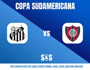 Copa Sudamericana graphic featuring logos of Santos FC and San Lorenzo, with a blue background and text promoting sports updates.