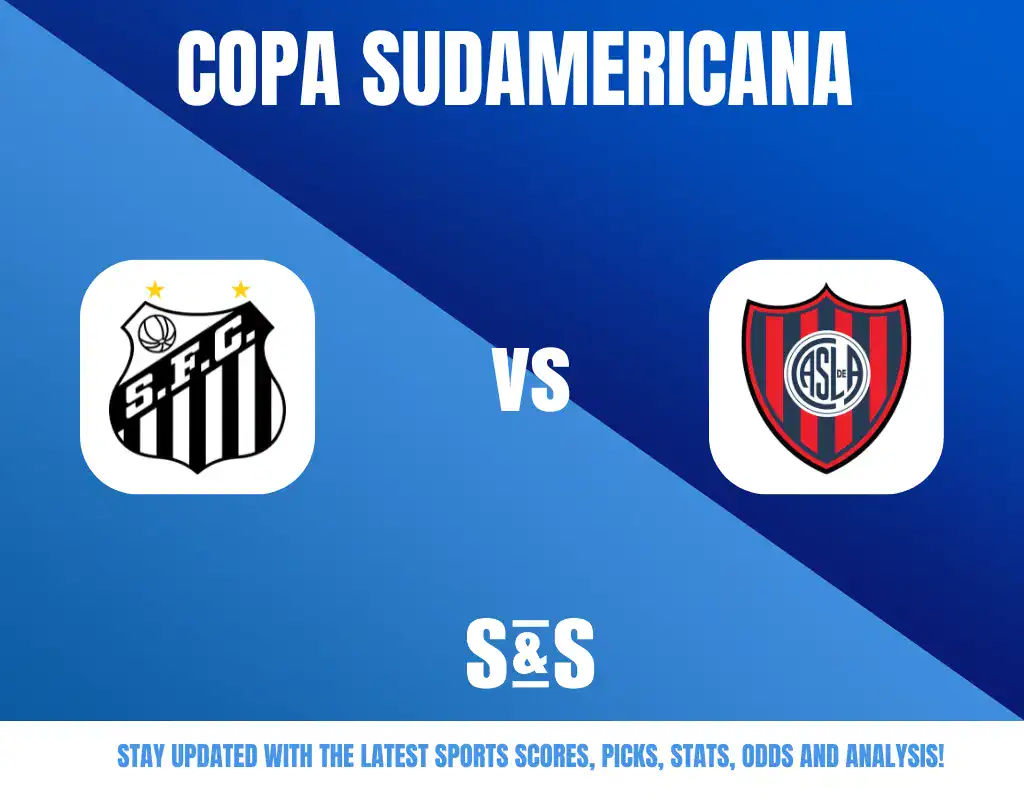 Copa Sudamericana graphic featuring logos of Santos FC and San Lorenzo, with a blue background and text promoting sports updates.
