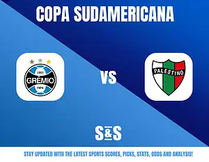 Copa Sudamericana logo with Gremio vs Palestino, including the two team logos.