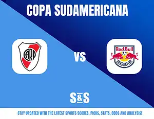 Copa Sudamericana logo featuring River Plate (CARP) vs Red Bull Argentina with a blue background.