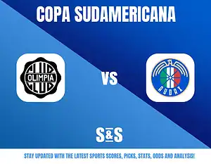 Copa Sudamericana logo featuring Club Olimpia vs Auda logo, with a background of blue gradient and a text overlay promoting sports scores, picks, stats, odds, and analysis.