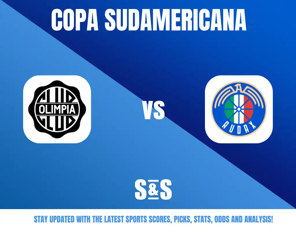 Copa Sudamericana logo featuring Club Olimpia vs Auda logo, with a background of blue gradient and a text overlay promoting sports scores, picks, stats, odds, and analysis.