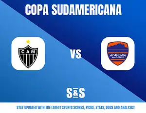 Copa Sudamericana logo featuring CAM on the left and Academia on the right, with a blue background and text encouraging updates on sports scores, picks, stats, odds, and analysis.
