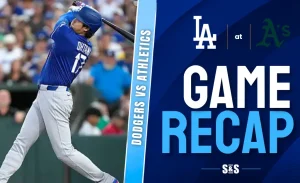 Game recap of Dodgers vs Athletics featuring a player batting.