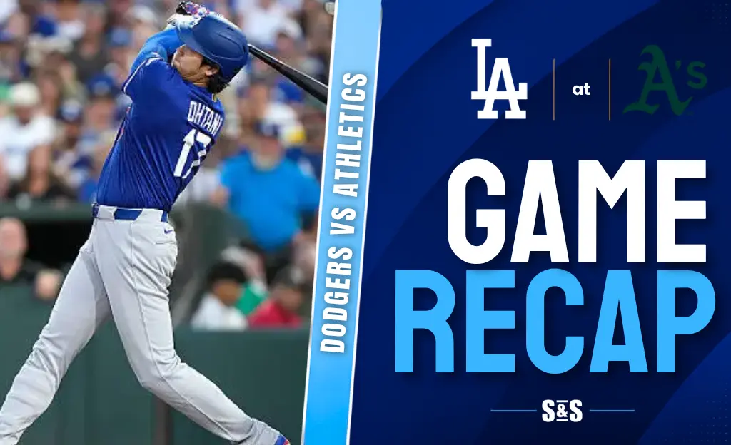 Game recap of Dodgers vs Athletics featuring a player batting.
