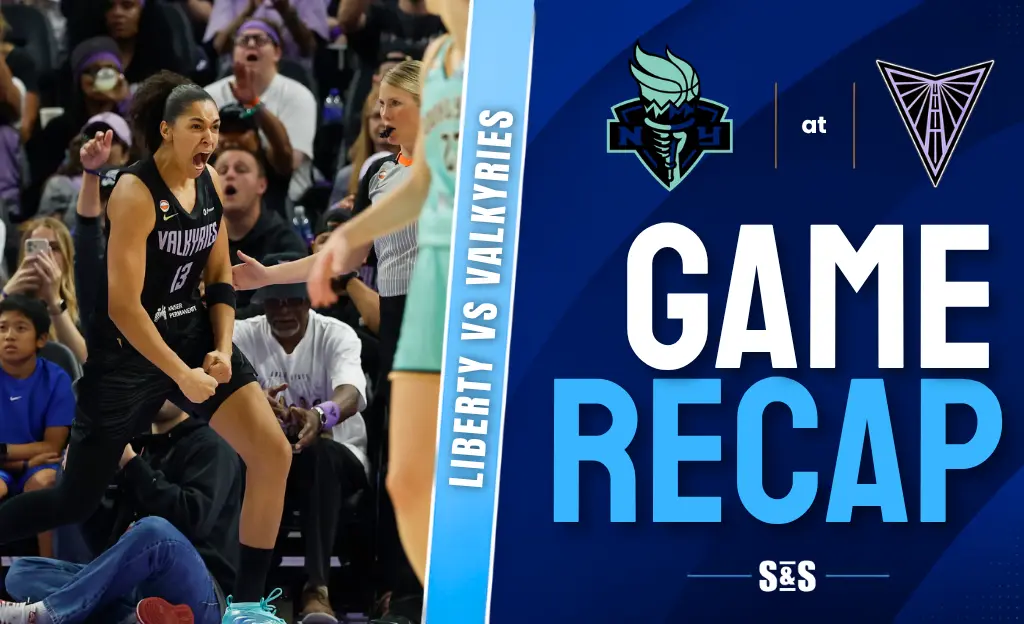 Liberty vs Valkyries game recap with an image of a player celebrating.